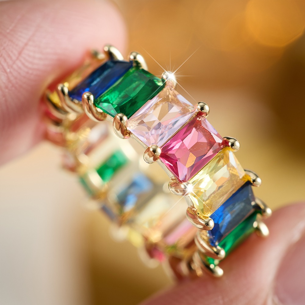 Vibrant Multicolored Rectangular Zirconia Ring, Engagement Ready